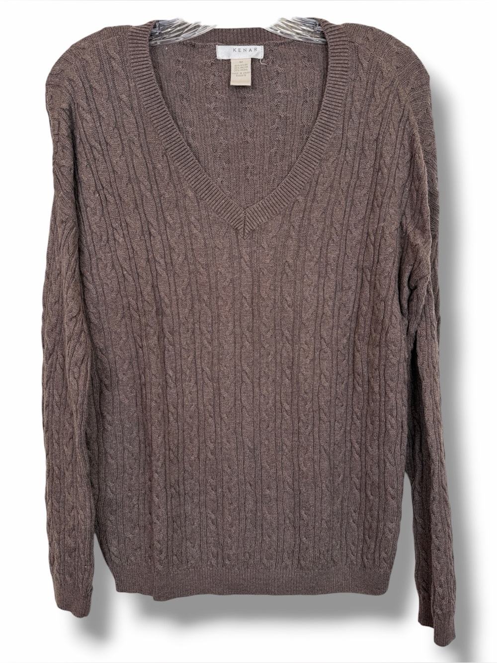 Kenar Vintage Brown Tan Taupe V-Neck Long Sleeve Cable Knit Sweater size Medium